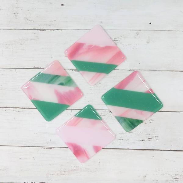 Individually Made Pink and Green Fused Glass Coasters - Set of 2