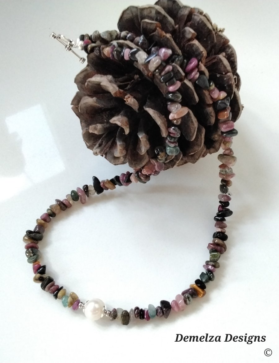 Freshwater Pearl & Multicoloured Tourmaline Gemstone Nugget Necklace 