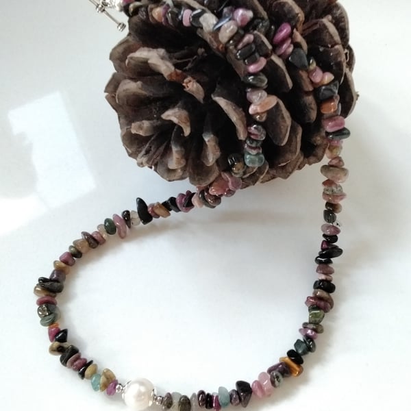 Freshwater Pearl & Multicoloured Tourmaline Gemstone Nugget Necklace 