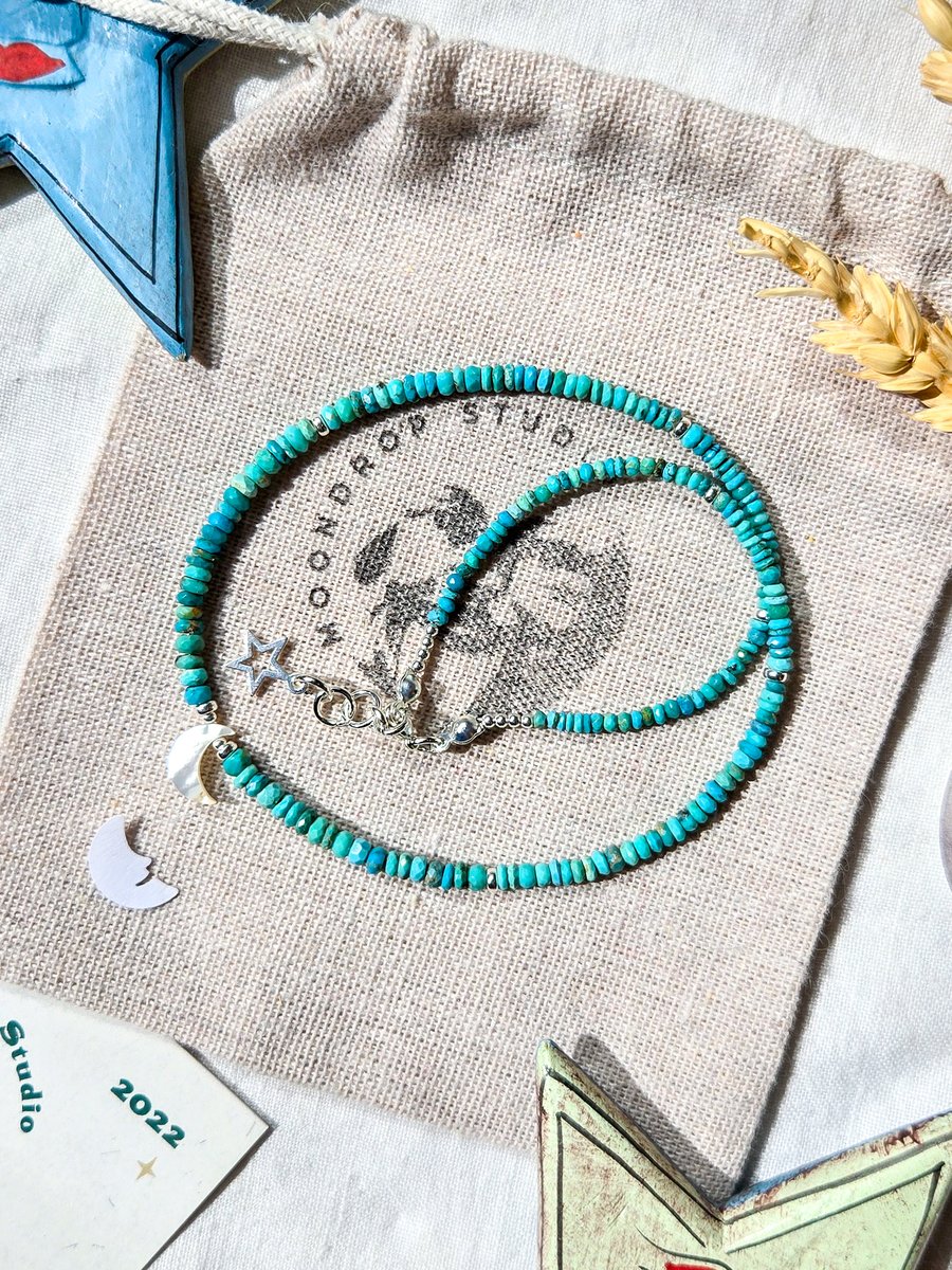 Turquoise Gemstone Necklace - Mother of Pearl Crescent Moon Necklace - Celestial
