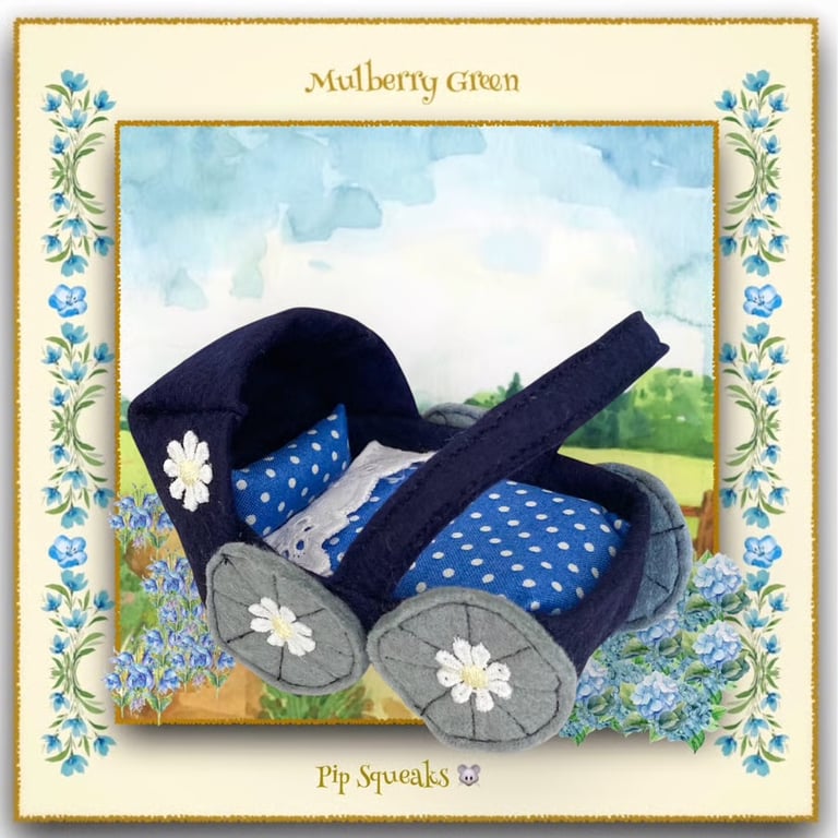 A Tiny Navy Felt Pram for the  Baby Pip Squeaks