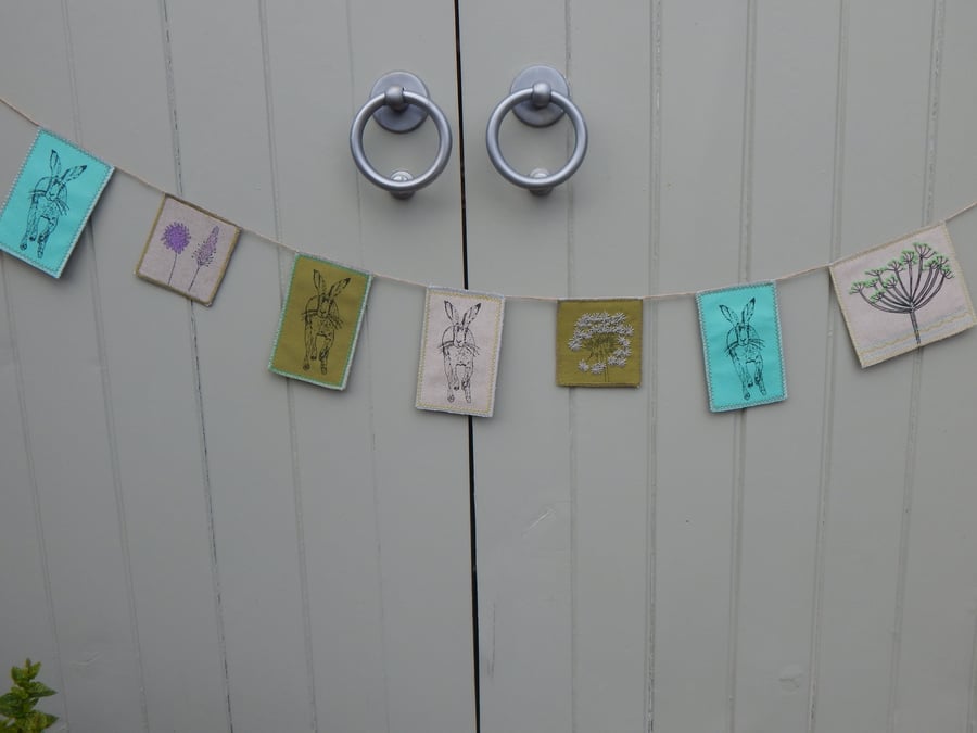 Running Hares and wild flowers - 120 cm - Screen printed Bunting