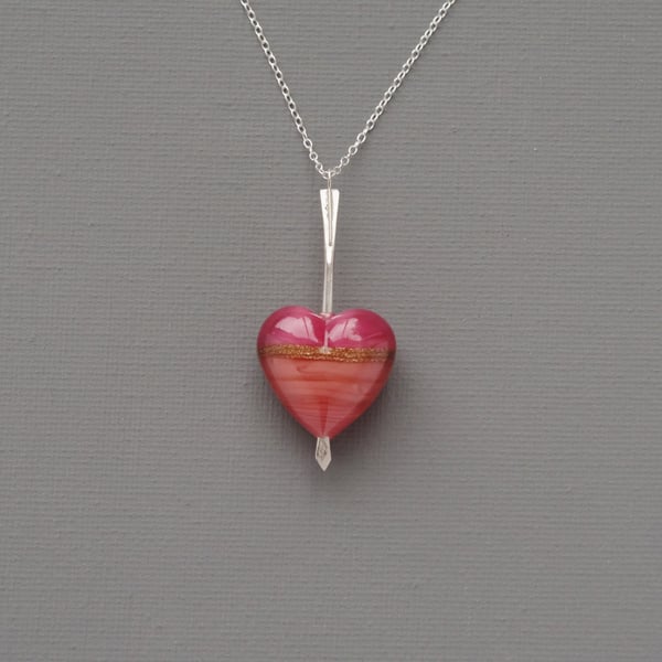 Cupid's Dart Genuine Pink Murano Heart Pierced With A Silver Arrow Pendant 