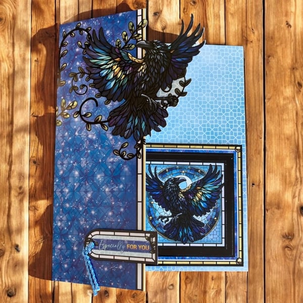 Handmade 3D Raven Card – Hand Cut Gothic Stained Glass Style Greeting Card