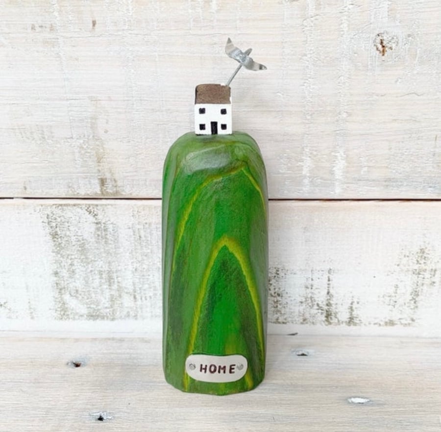 Wooden House on the Hill with Bird Sculpture Home Gift