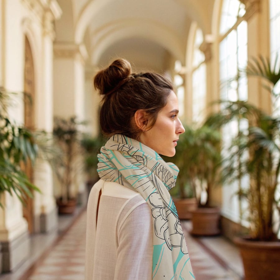 Maxi Print Scarf, Foliage & Skeleton Illustration, Oversized Lightweight Wrap