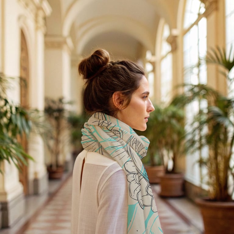 Maxi Print Scarf, Foliage & Skeleton Illustration, Oversized Lightweight Wrap