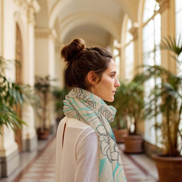 Maxi Print Scarf, Foliage & Skeleton Illustration, Oversized Lightweight Wrap