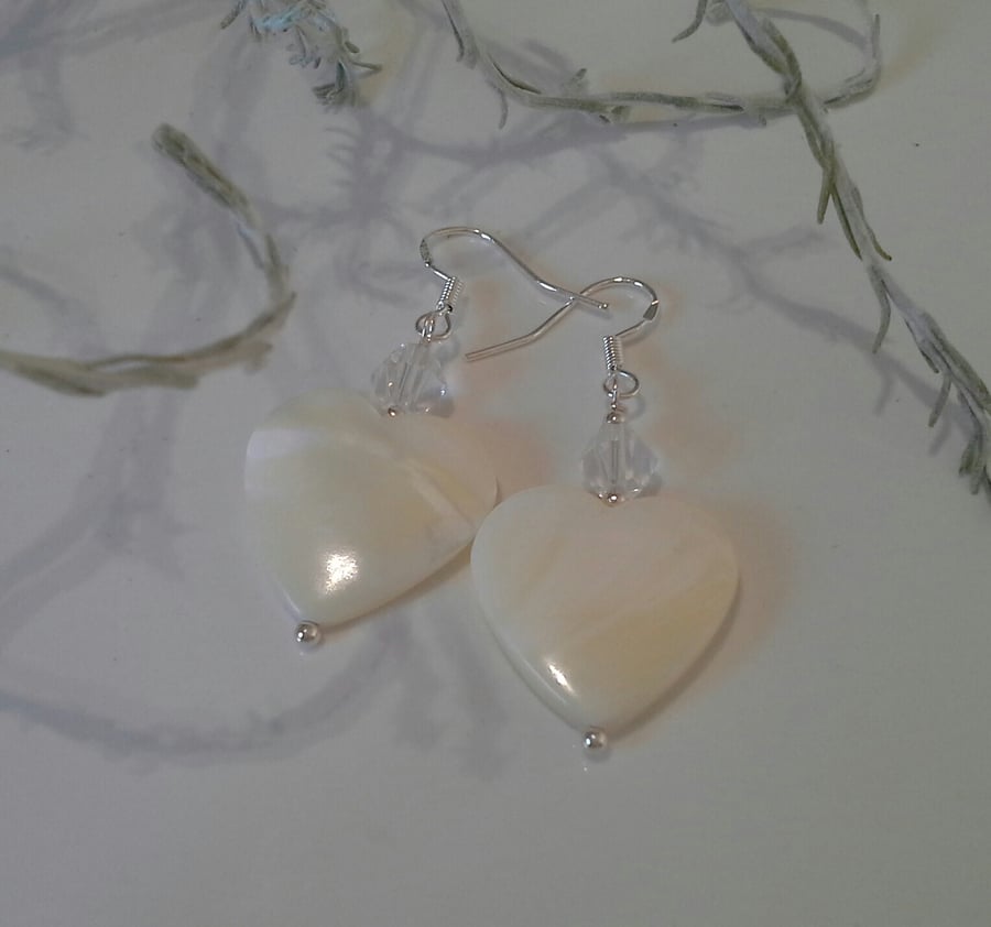 Large 22mm Heart Cut Mother of Pearl & Clear Quartz Sterling Silver Earrings