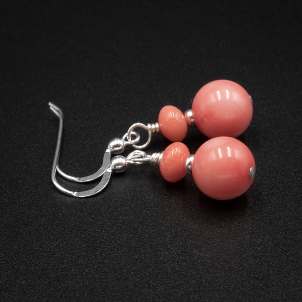 Pink coral gemstone earrings, pale pink silver earrings.