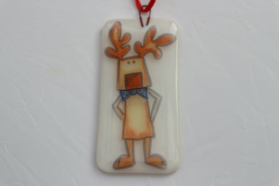  Handmade fused glass decoration or suncatcher - Reindeer on white