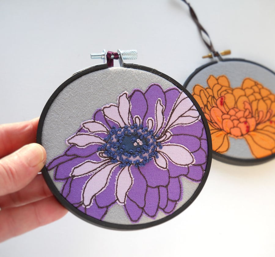 free motion and hand embroidered floral textile hoop original art purple