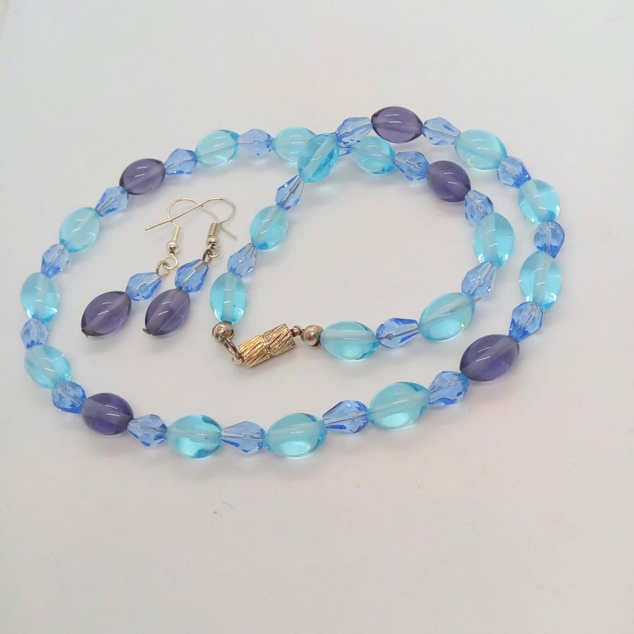Blue and Purple Beaded Necklace Earrings Set, Gift for Her