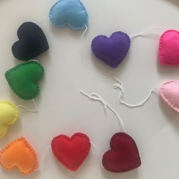 Rainbow Felt Garland, Multi-Coloured Hearts Garland, Handmade Felt Wall Decorati