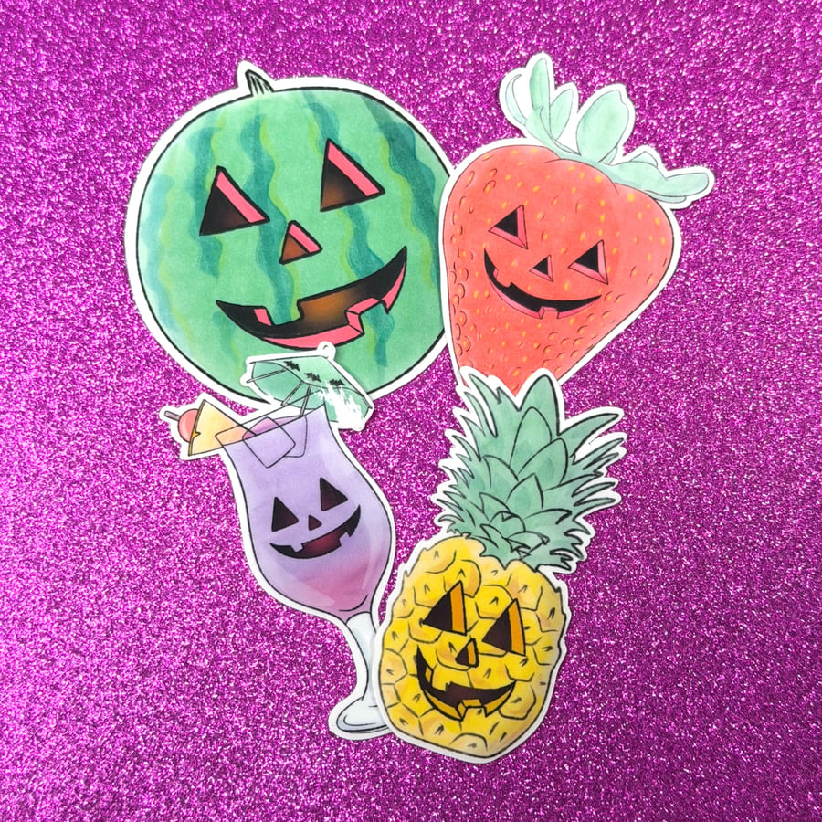 Summerween Stickers - Set Of 4 - Jack-o'-lantern Halloween Fruits