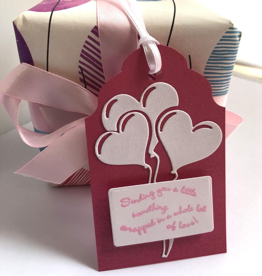 Handmade Strawberry Pink Gift Tags: Pearl Shimmer Card, White Silk Ribbon