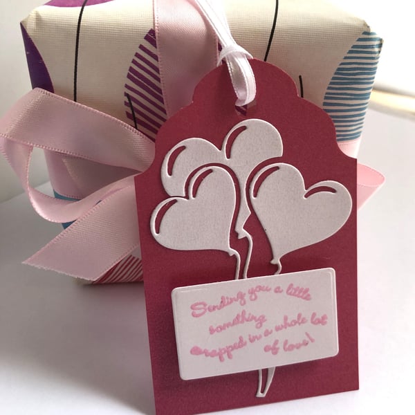 Handmade Strawberry Pink Gift Tags: Pearl Shimmer Card, White Silk Ribbon