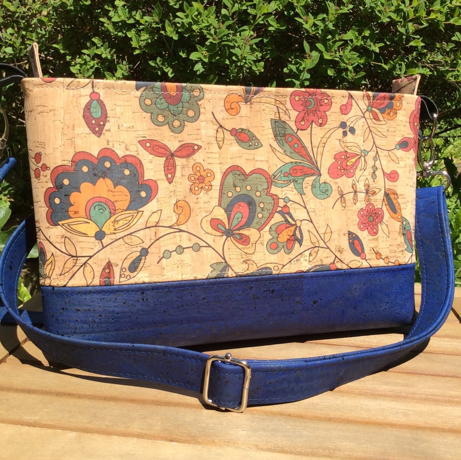 Floral crossbody bag, cork fabric 