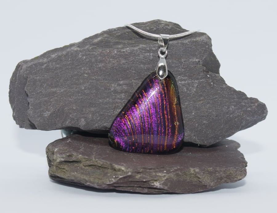 Deep Red, Pink and Purple Striped Fused Glass Pendant - 1107