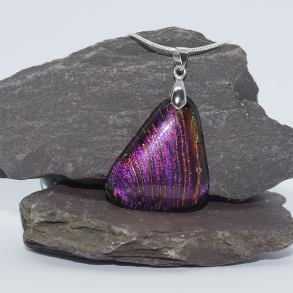 Deep Red, Pink and Purple Striped Fused Glass Pendant - 1107