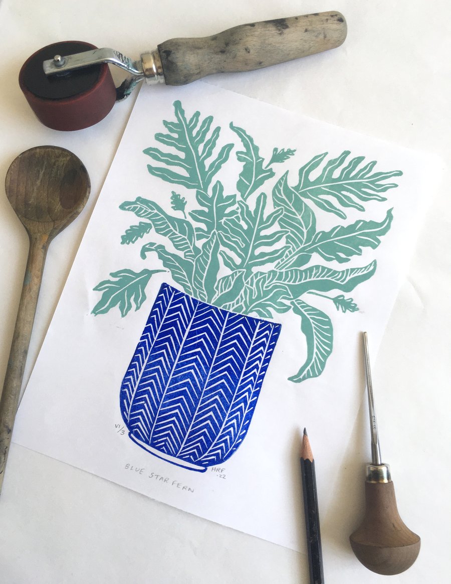 Blue Star Fern lino print - blue-green houseplant linocut art, golden polypody