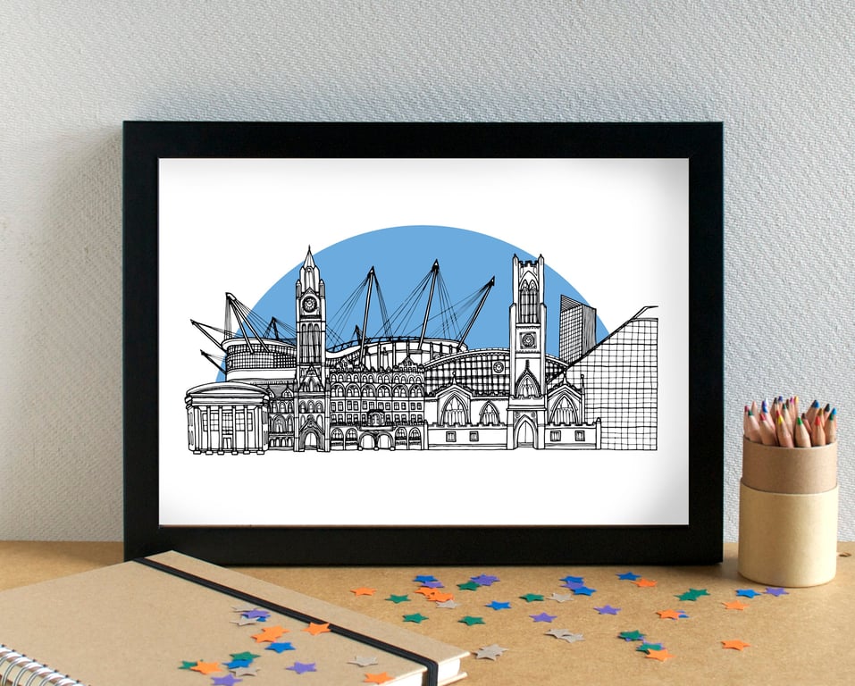 Manchester Skyline Print - with Man City's Etihad Stadium