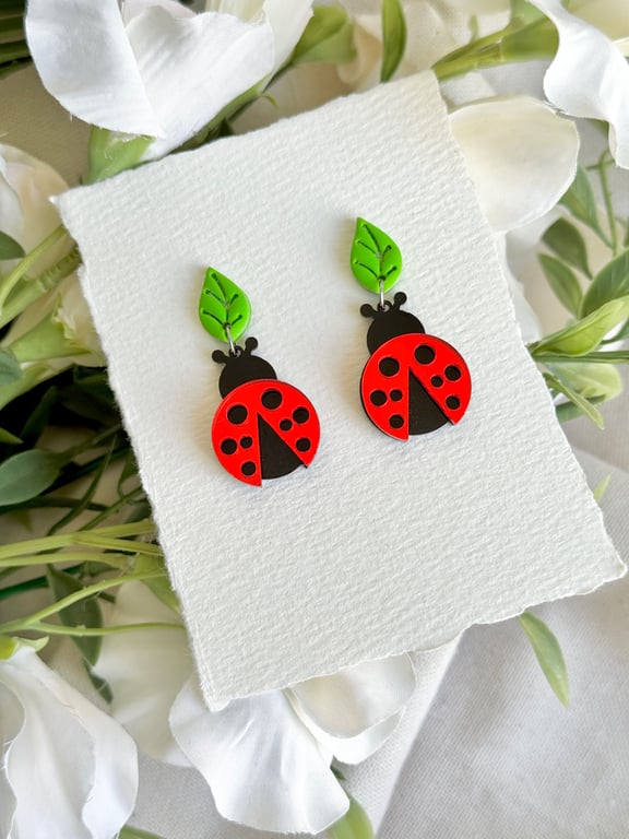 Ladybirds and Leaf Acrylic Earrings