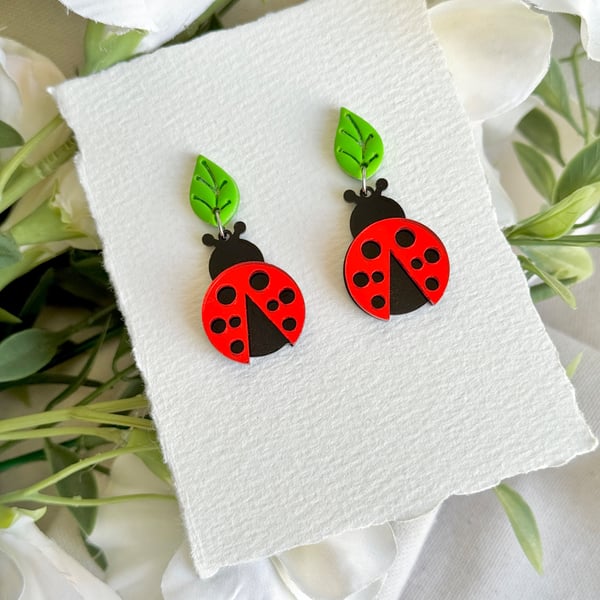 Ladybirds and Leaf Acrylic Earrings