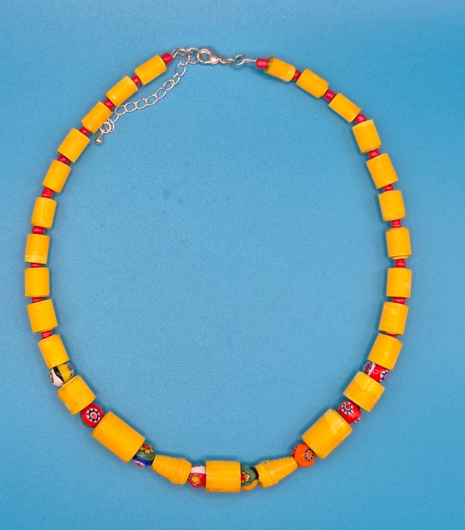 Yellow paper beaded necklace with venetian millefiori glass beads