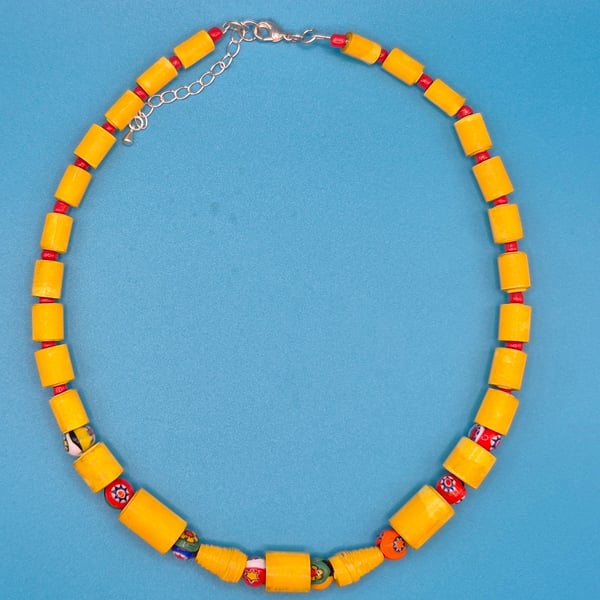 Yellow paper beaded necklace with venetian millefiori glass beads