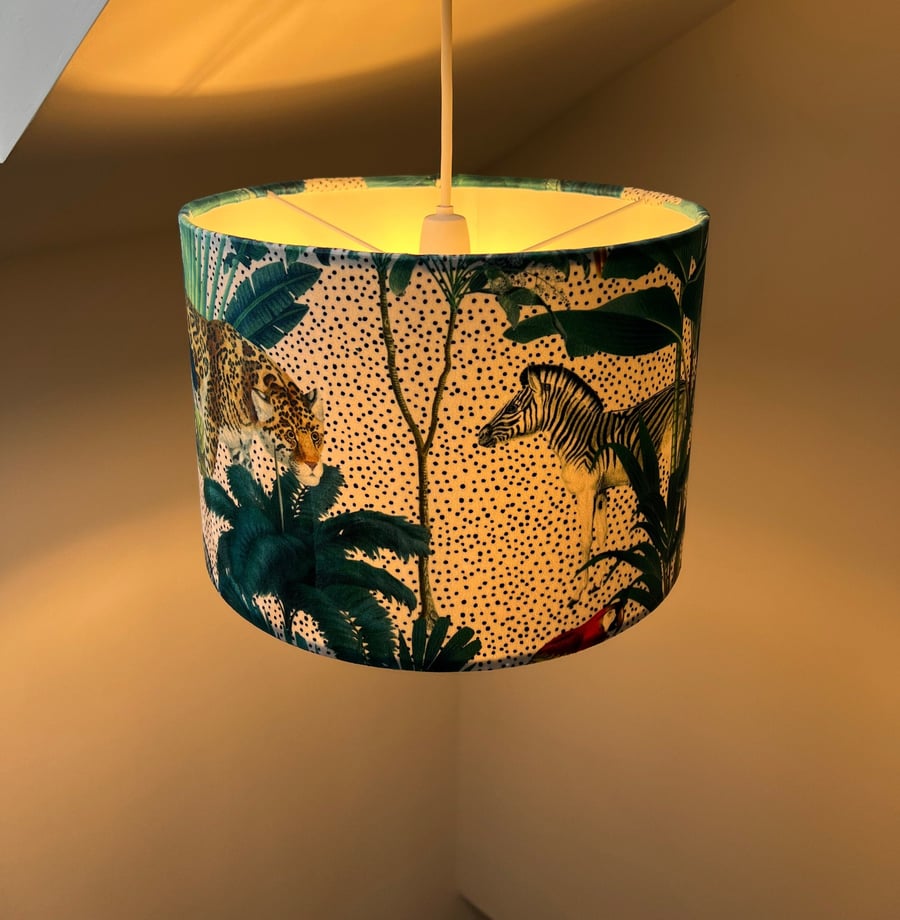 Tropical jungle velvet in white, drum lampshade ceiling shade with white lining