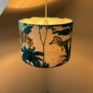 Tropical jungle velvet in white, drum lampshade ceiling shade with white lining