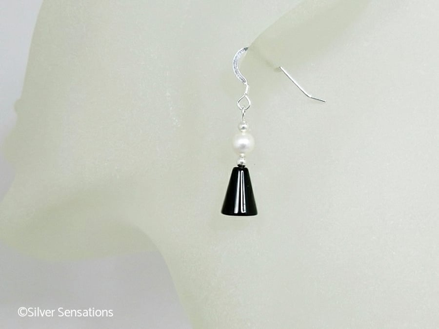 Black Onyx & White Swarovski Pearl Sterling Silver Drop Earrings