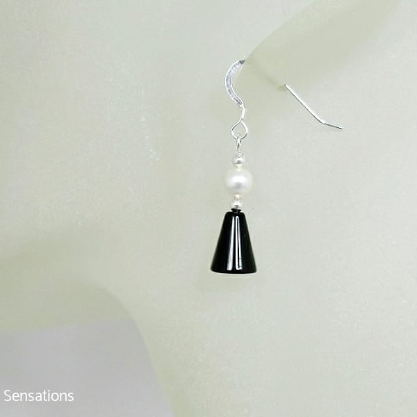 Black Onyx & White Swarovski Pearl Sterling Silver Drop Earrings