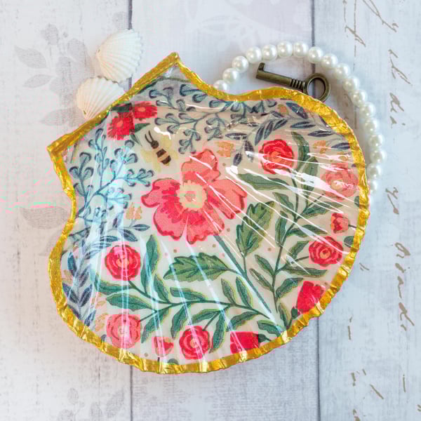 Scallop Shell Trinket Dish in a Vintage Floral Design with Bee