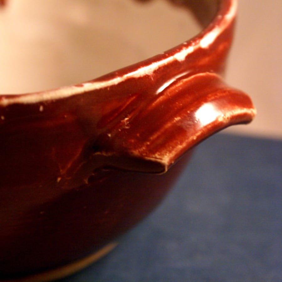 Set of two soup bowls with small handles - hand thrown and glazed in cranberry red