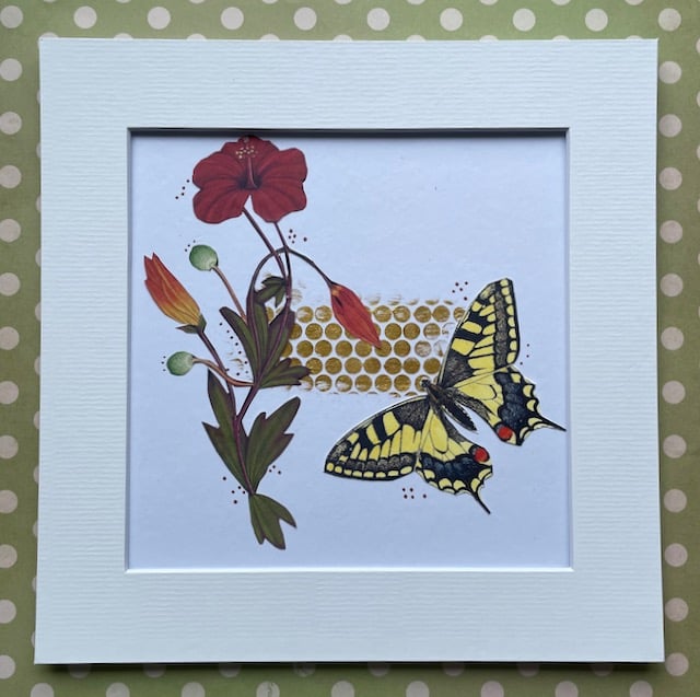 Unique Handcrafted Collage of a Swallowtail Butterfly and Quirky Botanicals