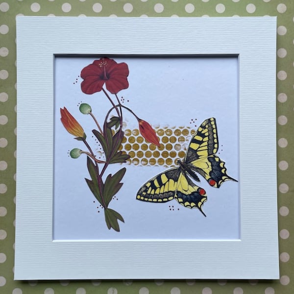 Unique Handcrafted Collage of a Swallowtail Butterfly and Quirky Botanicals