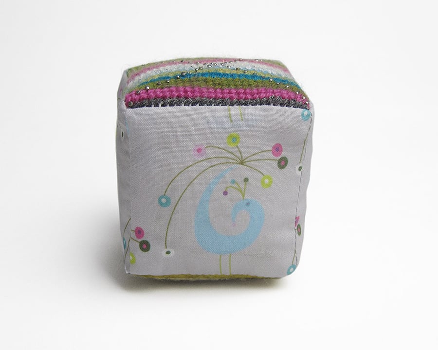 Peacock cube pincushion