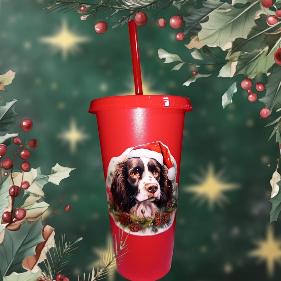 Christmas Cute Springer Spaniel Dog Breed Red Cold Cup 24oz