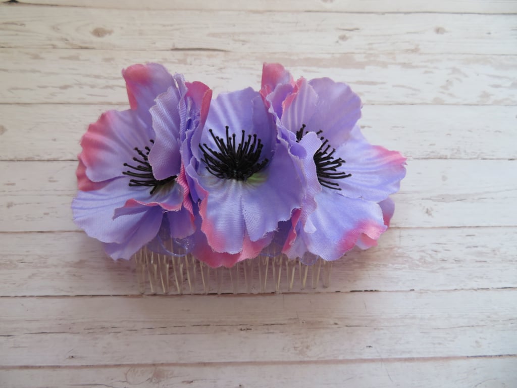 Lilac Lavender & Pale Pink Anemone Flower Vintage Regency Cluster Hair Comb