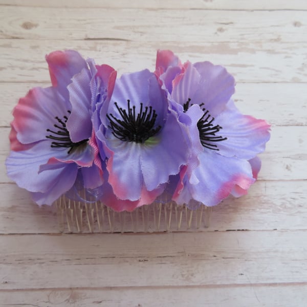 Lilac Lavender & Pale Pink Anemone Flower Vintage Regency Cluster Hair Comb