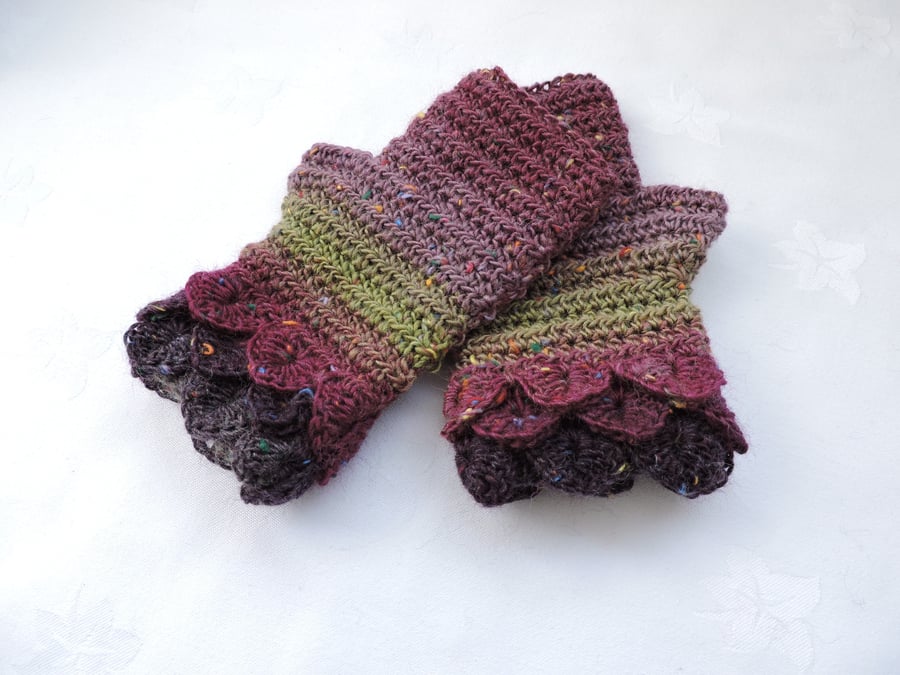 Crochet Tweed Fingerless Mitts  Fancy Cuffs 