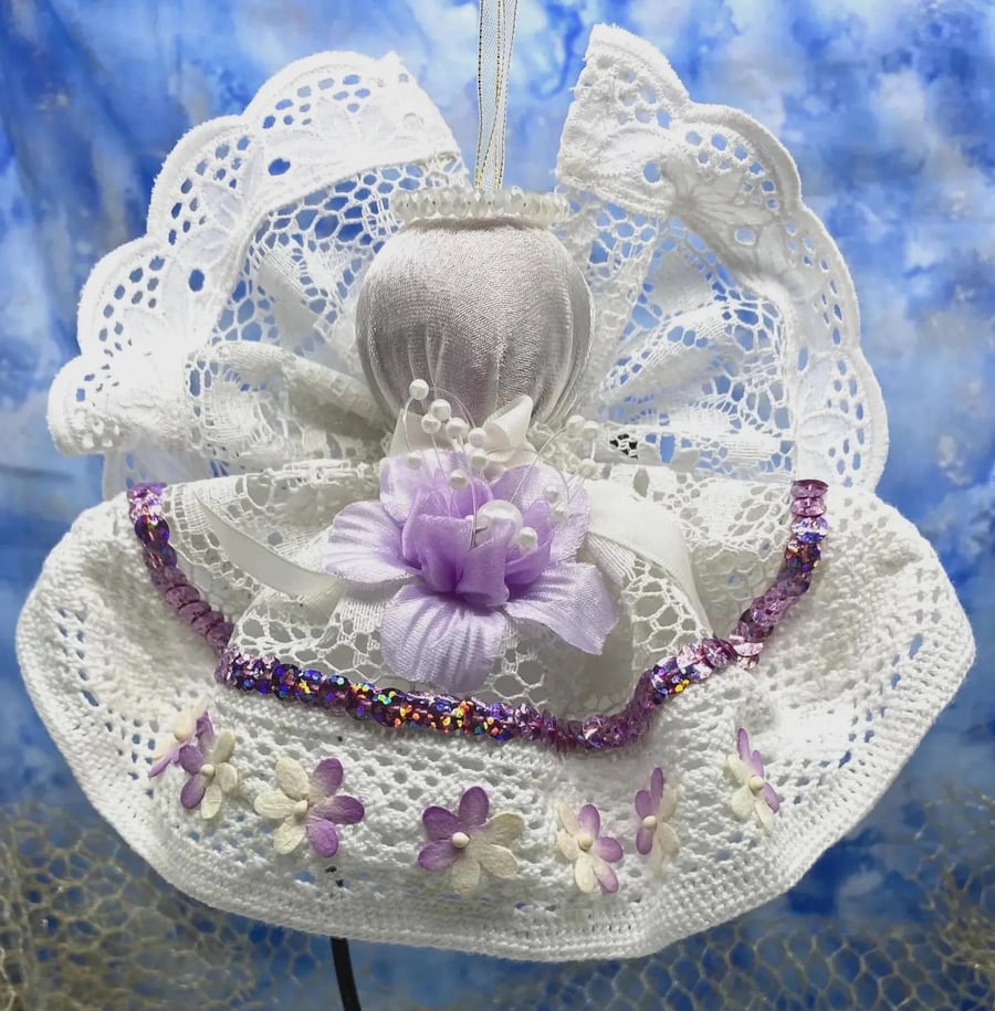 Image of Handmade Lace Christmas Angel Decoration White Lilac Silver No.4