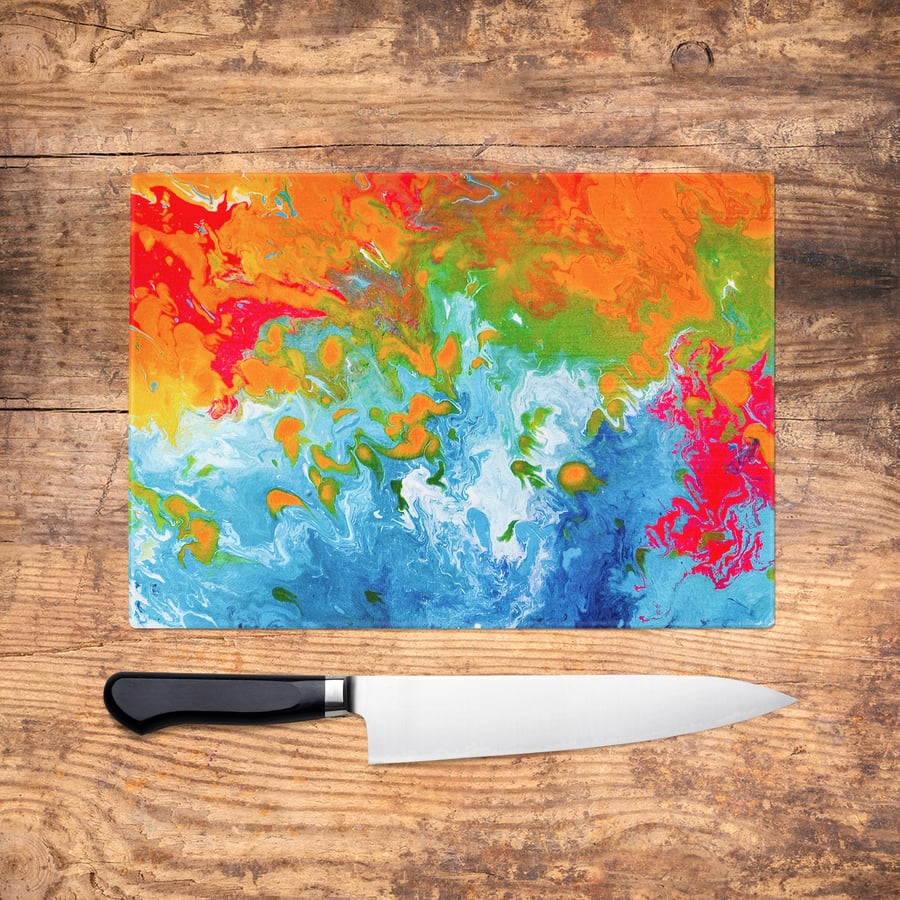 Orange & Blue Glass Chopping Board - Fluid Art Worktop Saver, Platter, Tray, Lar