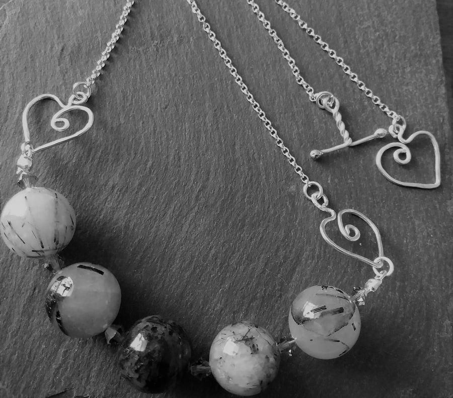 Grey rutilated quartz bead necklace
