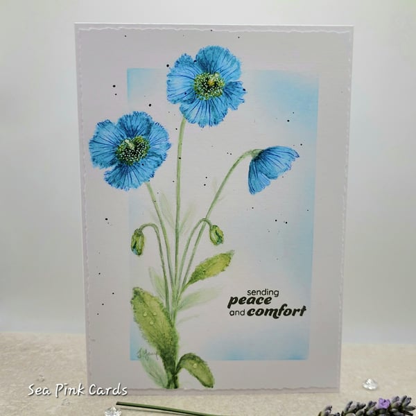 Blue Poppy Sympathy Card - original, handpainted, poppies, thinking of you