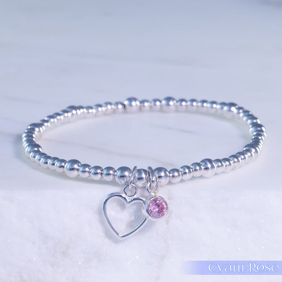 Heart Bracelet Sterling Silver Stretchy Pink glass handmade romantic