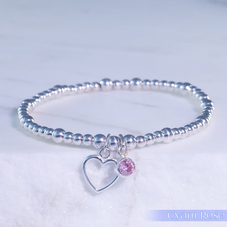 Heart Bracelet Sterling Silver Stretchy Pink glass handmade romantic