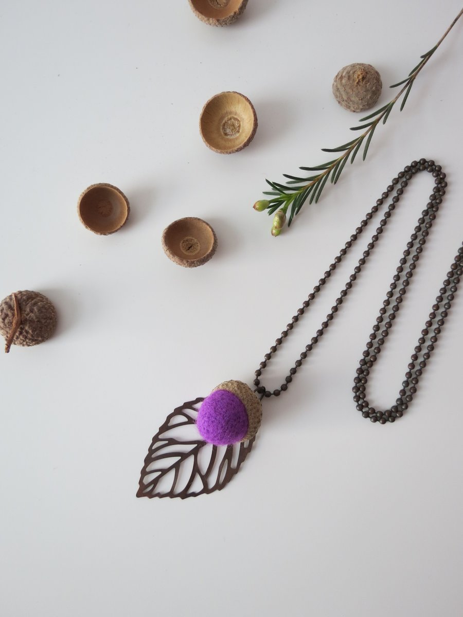 Seconds- Needle Felted Acorn Leaf Necklace-African Violet